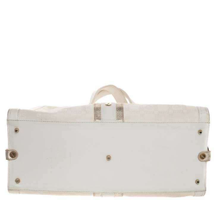 Pre Owned Versace White Signature Canvas And Leather Buckle Hobo
