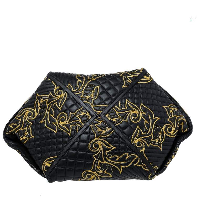 Pre Owned Versace Black/Yellow Barocco Leather Floral Stitch Top Handle Bag