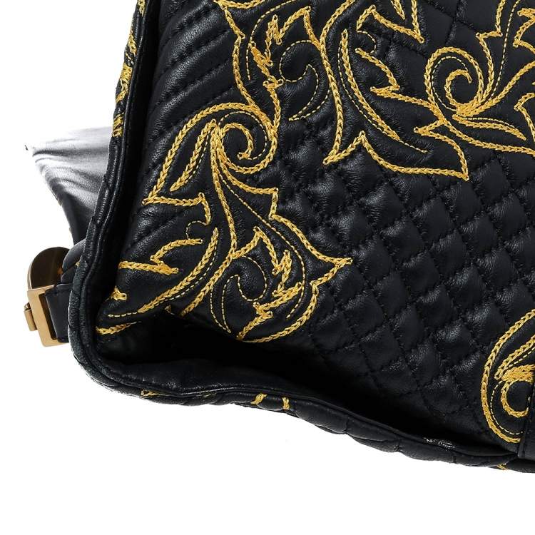 Pre Owned Versace Black/Yellow Barocco Leather Floral Stitch Top Handle Bag