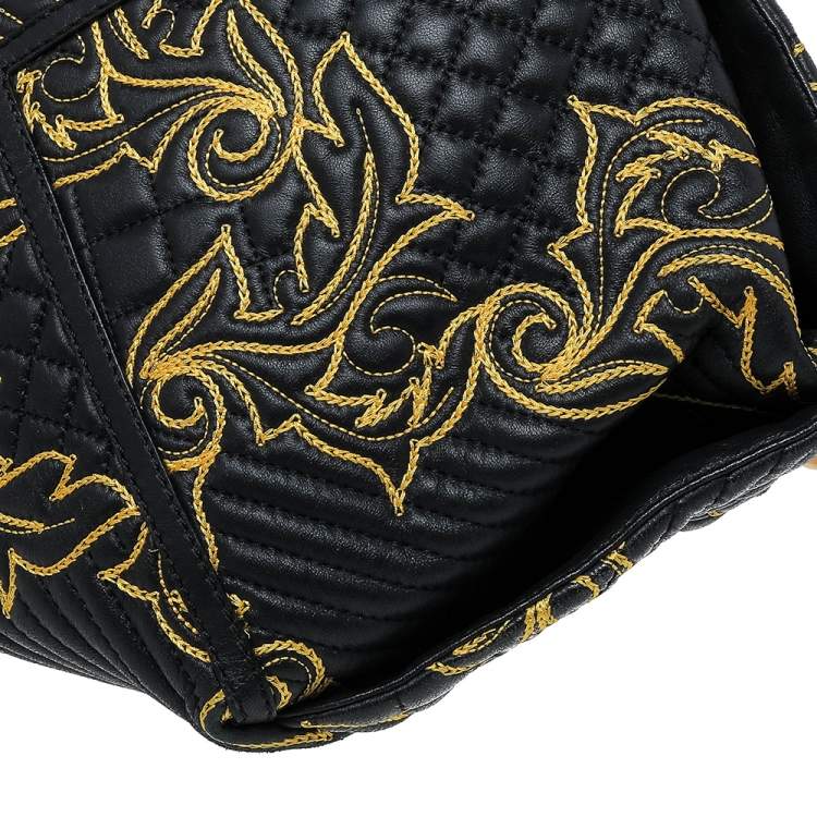 Pre Owned Versace Black/Yellow Barocco Leather Floral Stitch Top Handle Bag