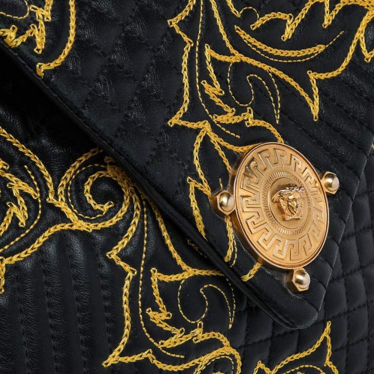 Pre Owned Versace Black/Yellow Barocco Leather Floral Stitch Top Handle Bag