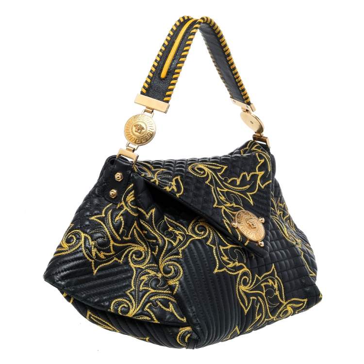 Pre Owned Versace Black/Yellow Barocco Leather Floral Stitch Top Handle Bag