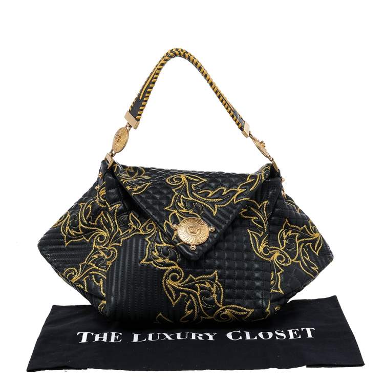 Pre Owned Versace Black/Yellow Barocco Leather Floral Stitch Top Handle Bag