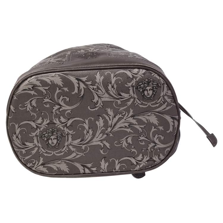 Pre Owned Versace Grey Barocco Heritage Coated Canvas And Leather Drawstring Bucket Bag