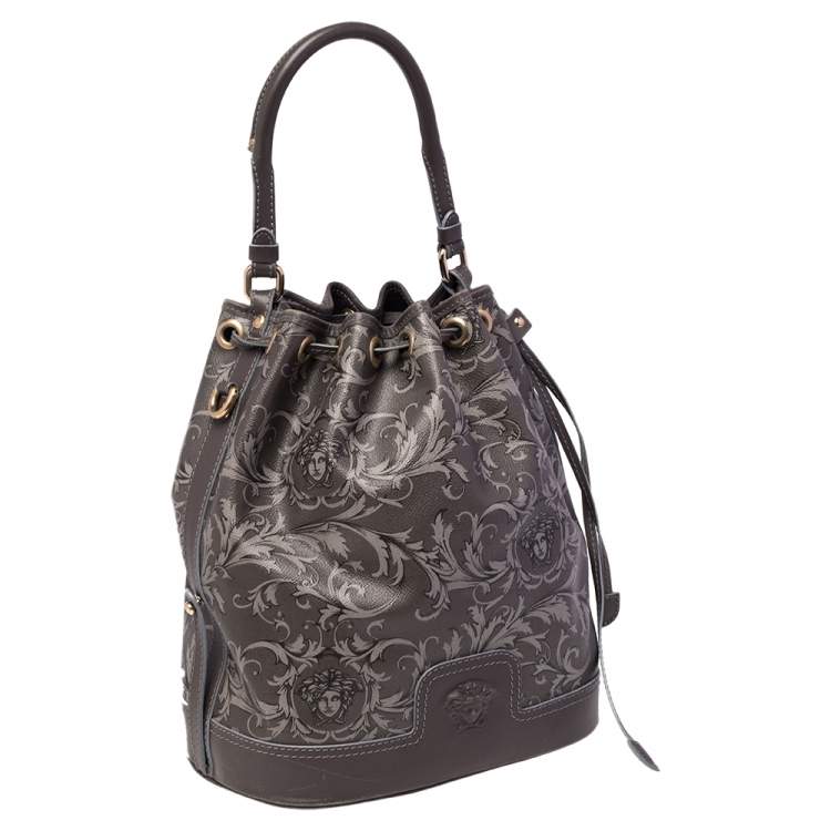 Pre Owned Versace Grey Barocco Heritage Coated Canvas And Leather Drawstring Bucket Bag