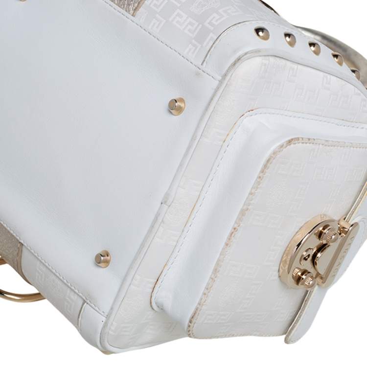 Pre Owned Versace Off White/Gold Monogram Fabric and Leather Snap Out Of It Satchel