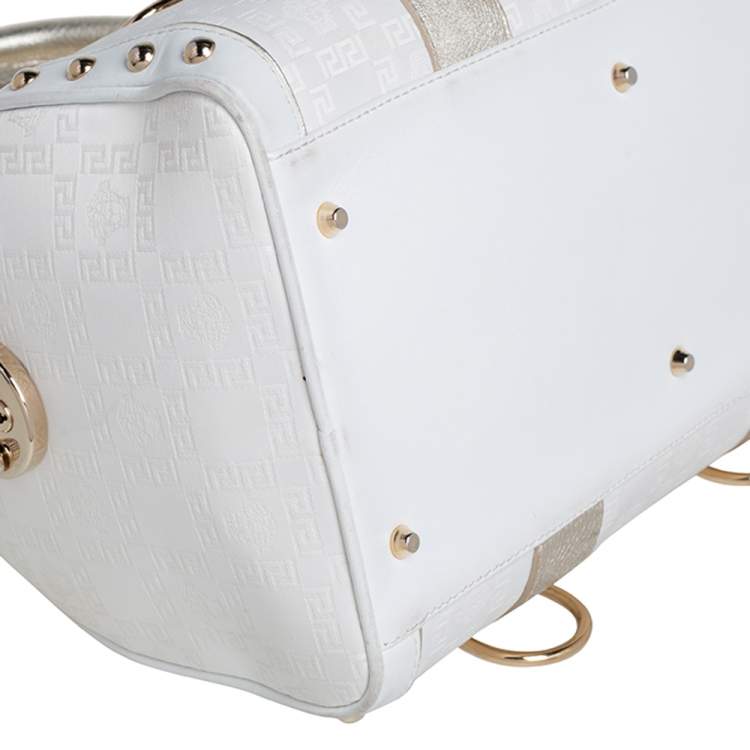Pre Owned Versace Off White/Gold Monogram Fabric and Leather Snap Out Of It Satchel