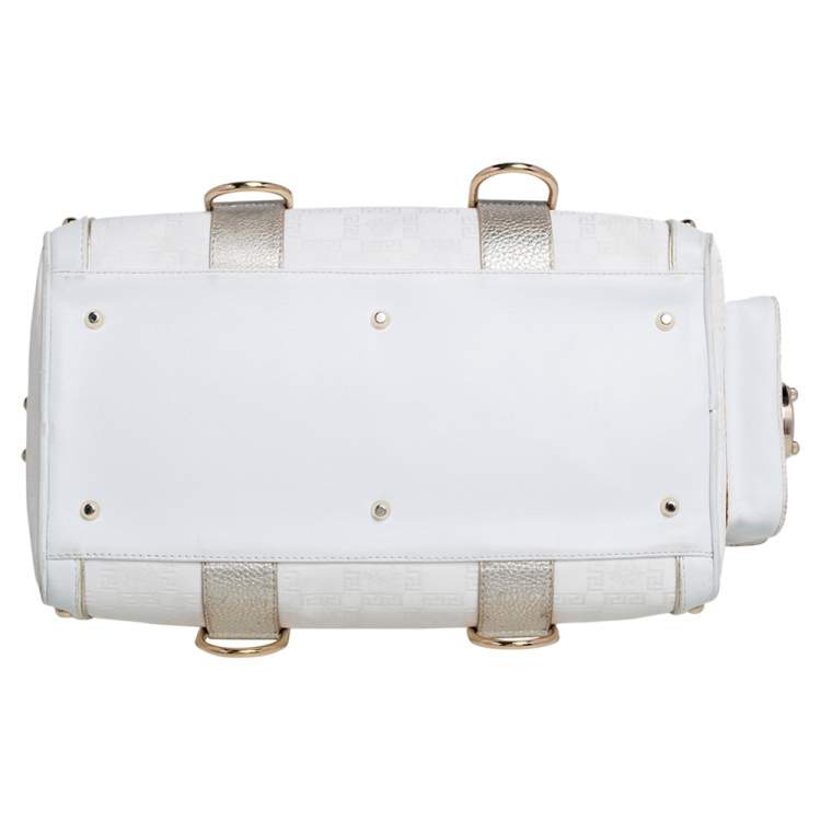 Pre Owned Versace Off White/Gold Monogram Fabric and Leather Snap Out Of It Satchel