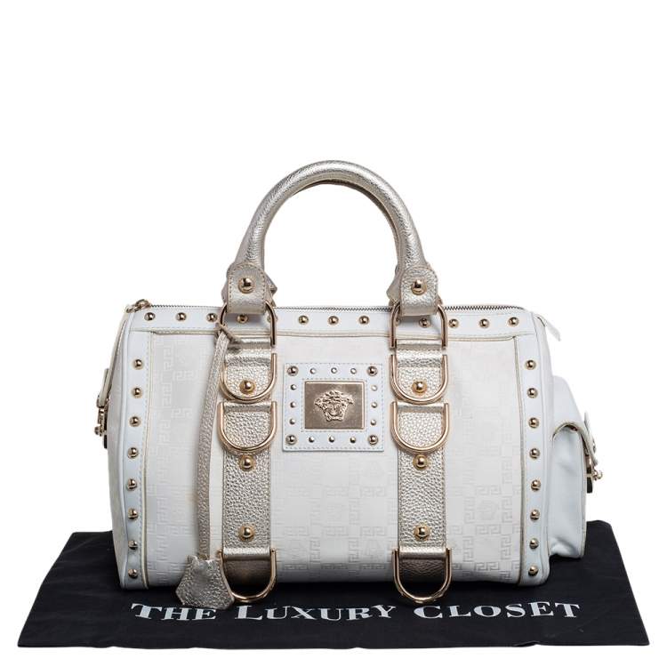 Pre Owned Versace Off White/Gold Monogram Fabric and Leather Snap Out Of It Satchel