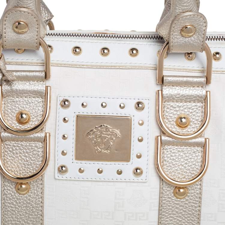 Pre Owned Versace Off White/Gold Monogram Fabric and Leather Snap Out Of It Satchel