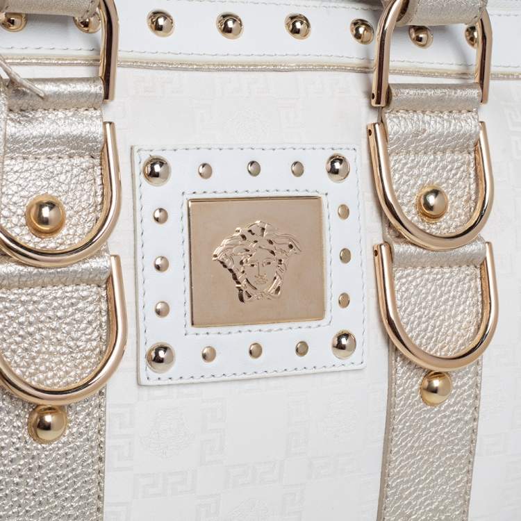 Pre Owned Versace Off White/Gold Monogram Fabric and Leather Snap Out Of It Satchel