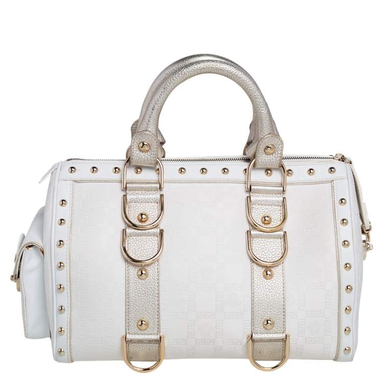 Pre Owned Versace Off White/Gold Monogram Fabric and Leather Snap Out Of It Satchel