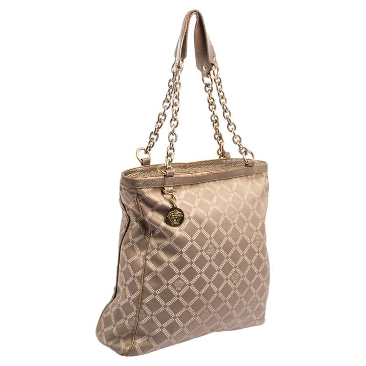 Pre Owned Versace Dark Beige Signature Fabric and Leather Chain Tote