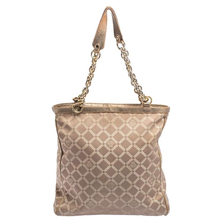 Pre Owned Versace Dark Beige Signature Fabric and Leather Chain Tote
