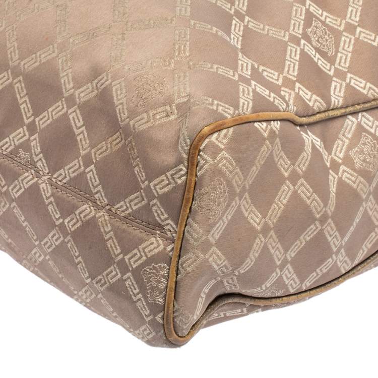 Pre Owned Versace Dark Beige Signature Fabric and Leather Chain Tote