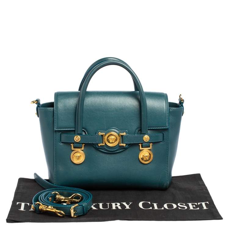 Pre Owned Versace Teal Green Leather Small Medusa Medallion Tote
