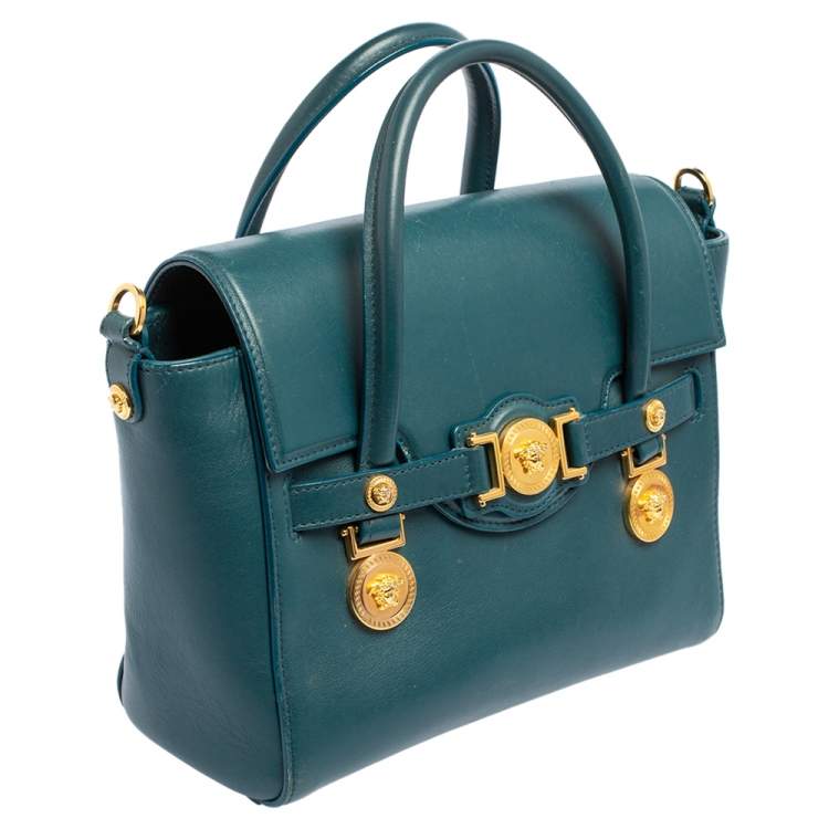 Pre Owned Versace Teal Green Leather Small Medusa Medallion Tote