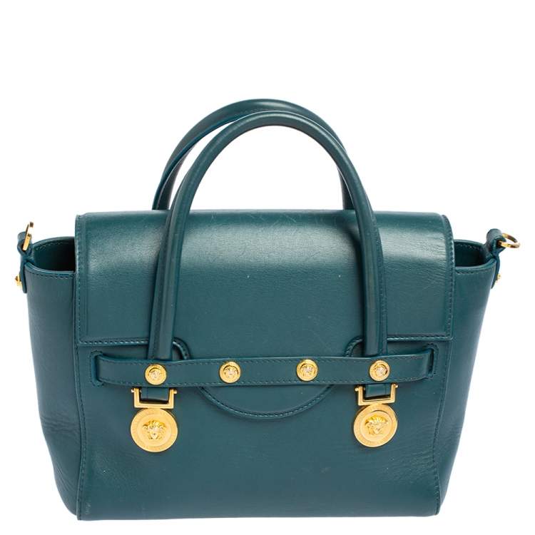 Pre Owned Versace Teal Green Leather Small Medusa Medallion Tote
