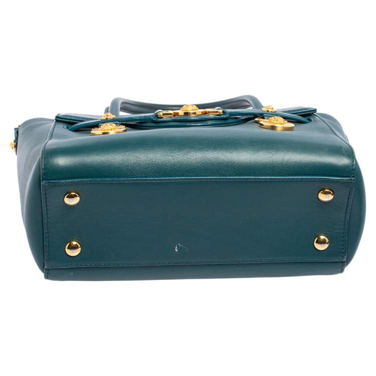 Pre Owned Versace Teal Green Leather Small Medusa Medallion Tote