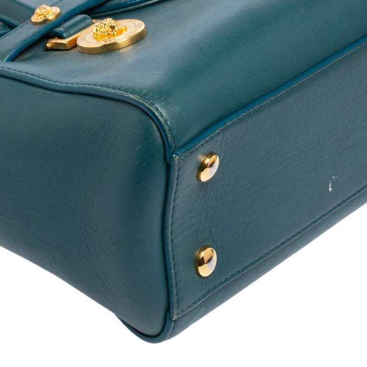 Pre Owned Versace Teal Green Leather Small Medusa Medallion Tote