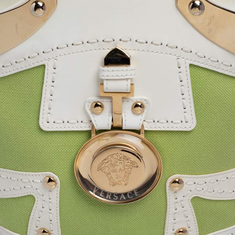 Pre Owned Versace Green/White Patent Leather And Canvas Tote