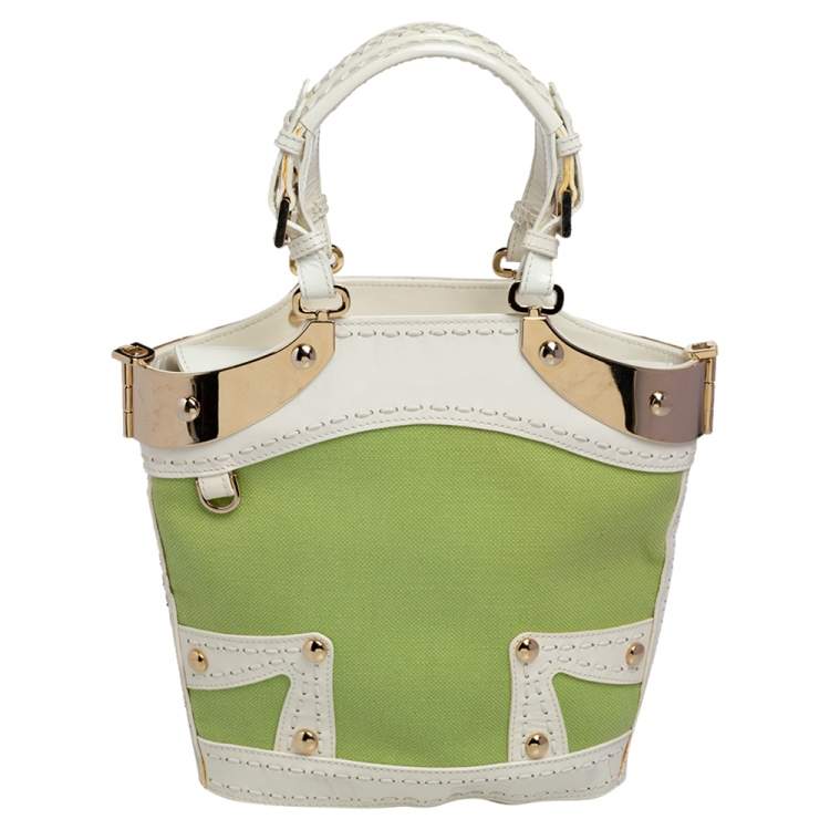 Pre Owned Versace Green/White Patent Leather And Canvas Tote