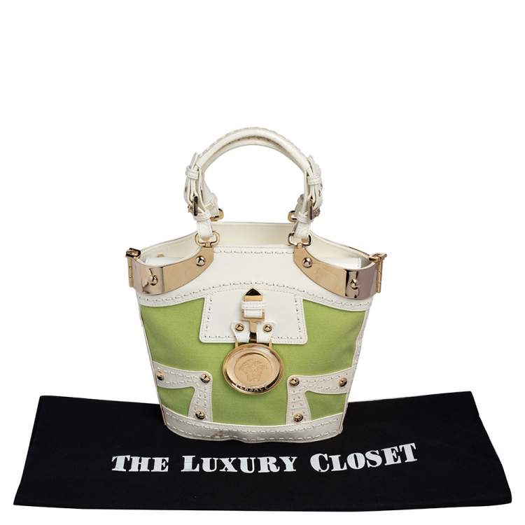 Pre Owned Versace Green/White Patent Leather And Canvas Tote