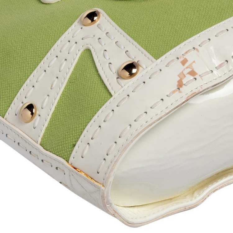 Pre Owned Versace Green/White Patent Leather And Canvas Tote