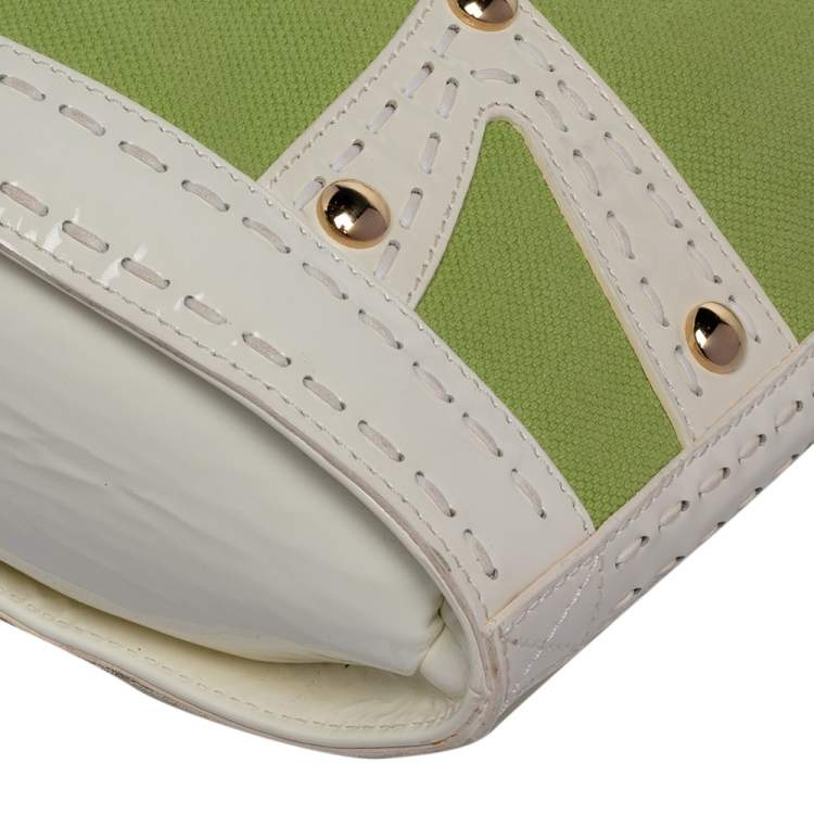 Pre Owned Versace Green/White Patent Leather And Canvas Tote