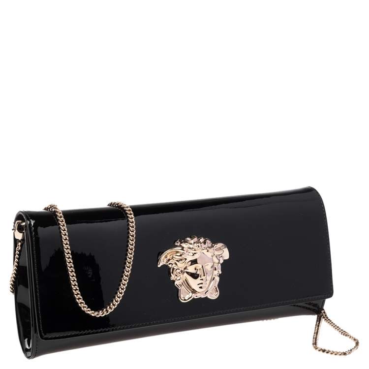 Pre Owned Versace Black Patent Leather Medusa Chain Clutch