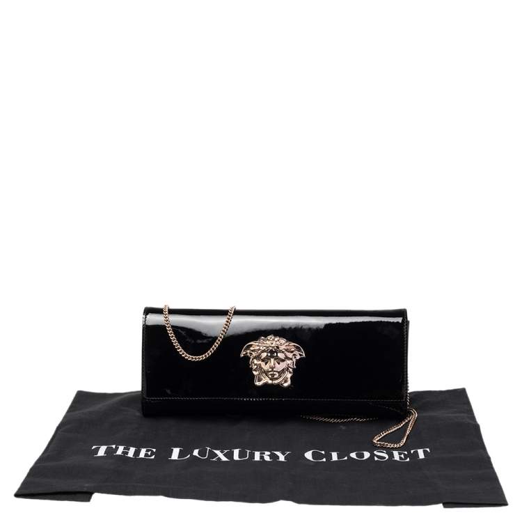 Pre Owned Versace Black Patent Leather Medusa Chain Clutch