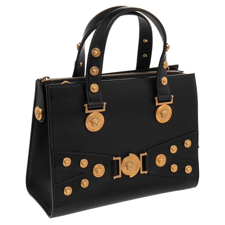 Pre Owned Versace Black Leather Medusa Embellished Tribute Tote