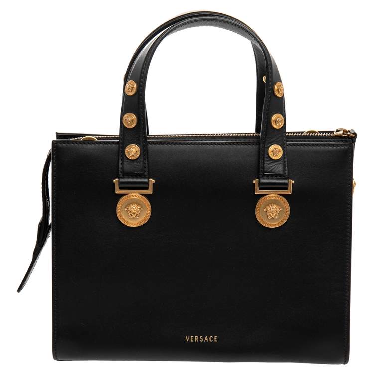Pre Owned Versace Black Leather Medusa Embellished Tribute Tote
