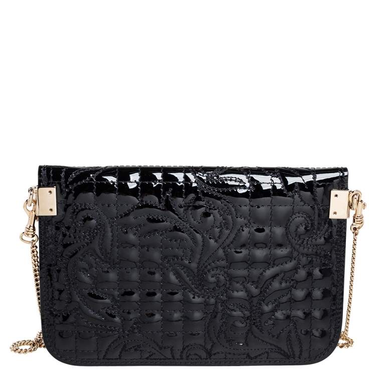 Pre Owned Versace Black Patent Leather Medusa Chain Clutch