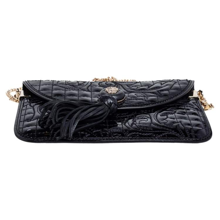 Pre Owned Versace Black Patent Leather Medusa Chain Clutch