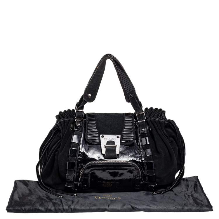 Pre Owned Versace Black Patent Leather And Suede Flap Tote