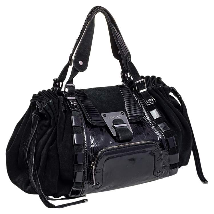 Pre Owned Versace Black Patent Leather And Suede Flap Tote