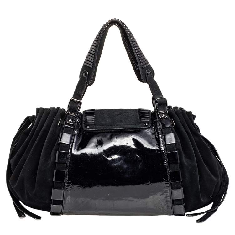 Pre Owned Versace Black Patent Leather And Suede Flap Tote