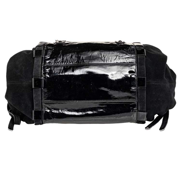 Pre Owned Versace Black Patent Leather And Suede Flap Tote