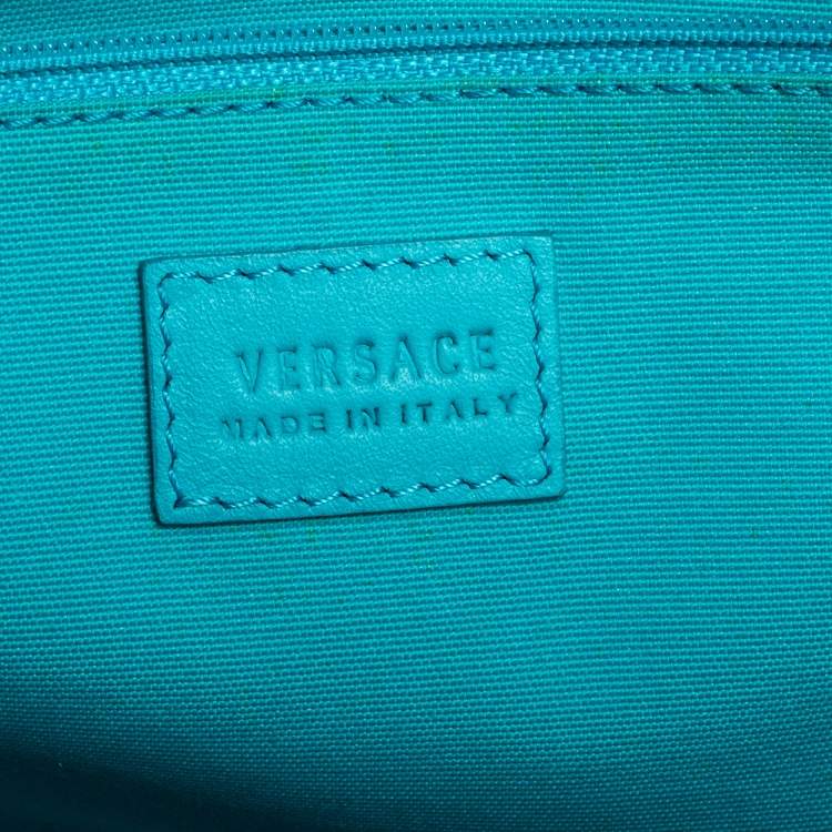 Pre Owned Versace Turquoise Printed Coated Canvas and Leather Zip Boston Bag