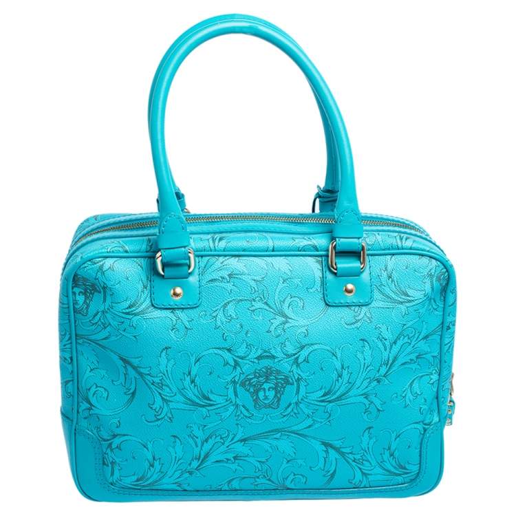 Pre Owned Versace Turquoise Printed Coated Canvas and Leather Zip Boston Bag