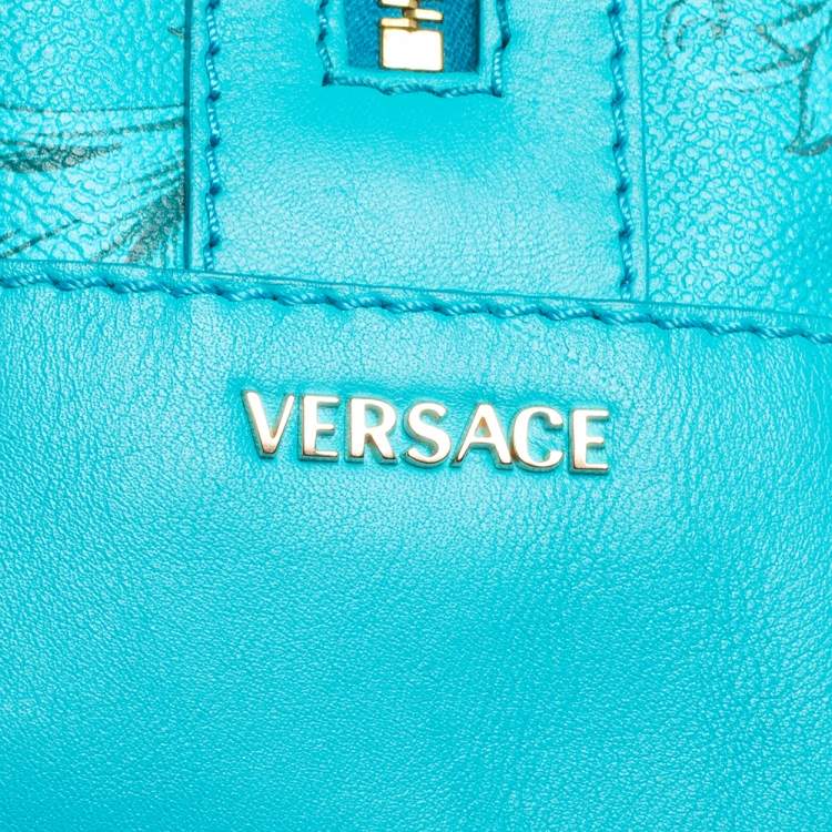 Pre Owned Versace Turquoise Printed Coated Canvas and Leather Zip Boston Bag