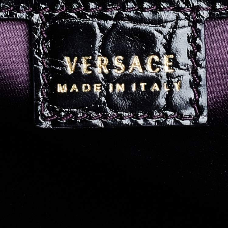 Pre Owned Versace Black Croc Embossed Leather Satchel
