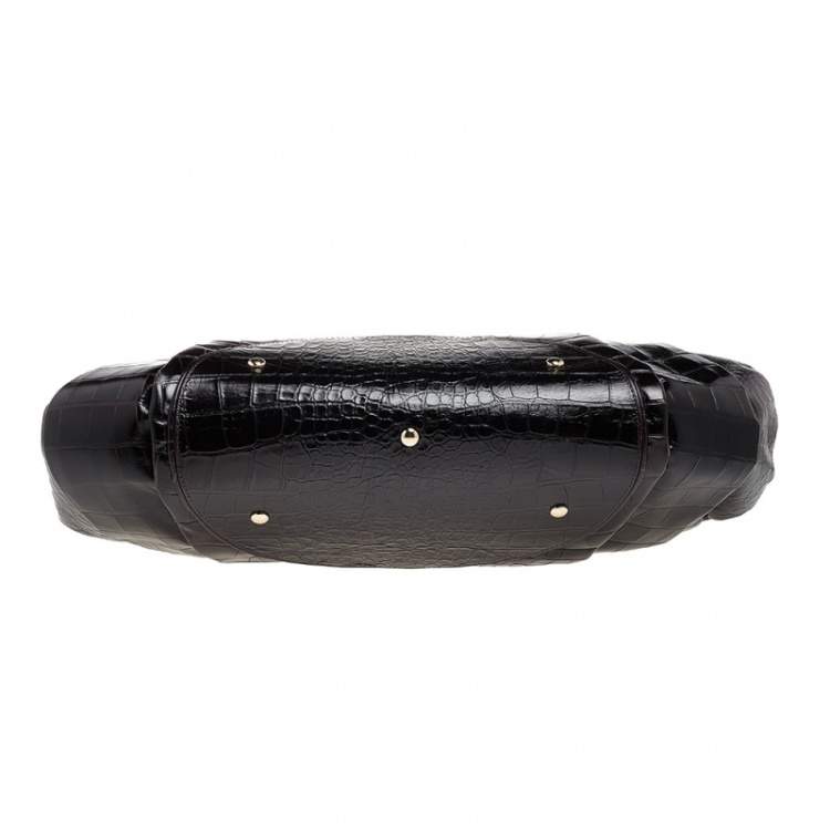 Pre Owned Versace Black Croc Embossed Leather Satchel