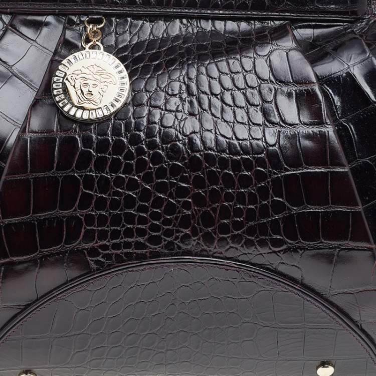 Pre Owned Versace Black Croc Embossed Leather Satchel