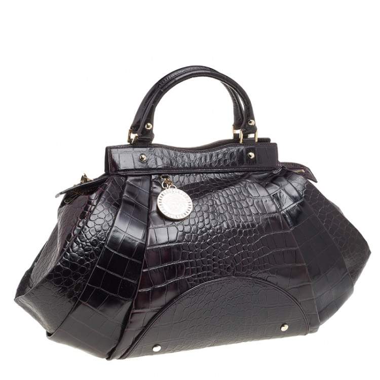 Pre Owned Versace Black Croc Embossed Leather Satchel