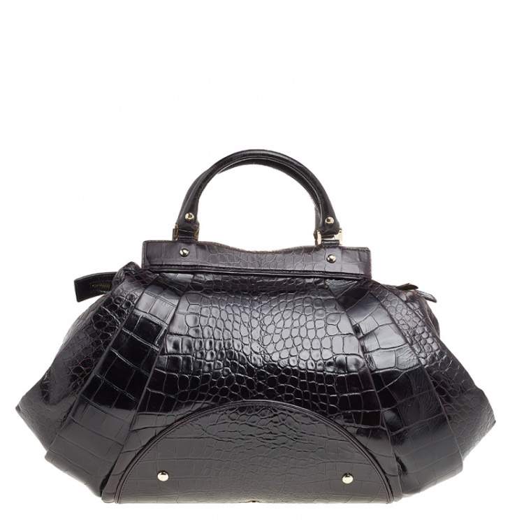 Pre Owned Versace Black Croc Embossed Leather Satchel