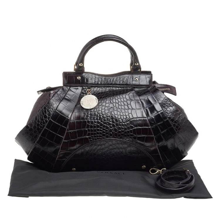 Pre Owned Versace Black Croc Embossed Leather Satchel