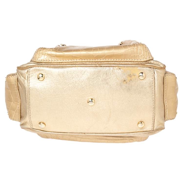 Pre Owned Versace Gold Croc Embossed Leather and Leather Chain Link Satchel