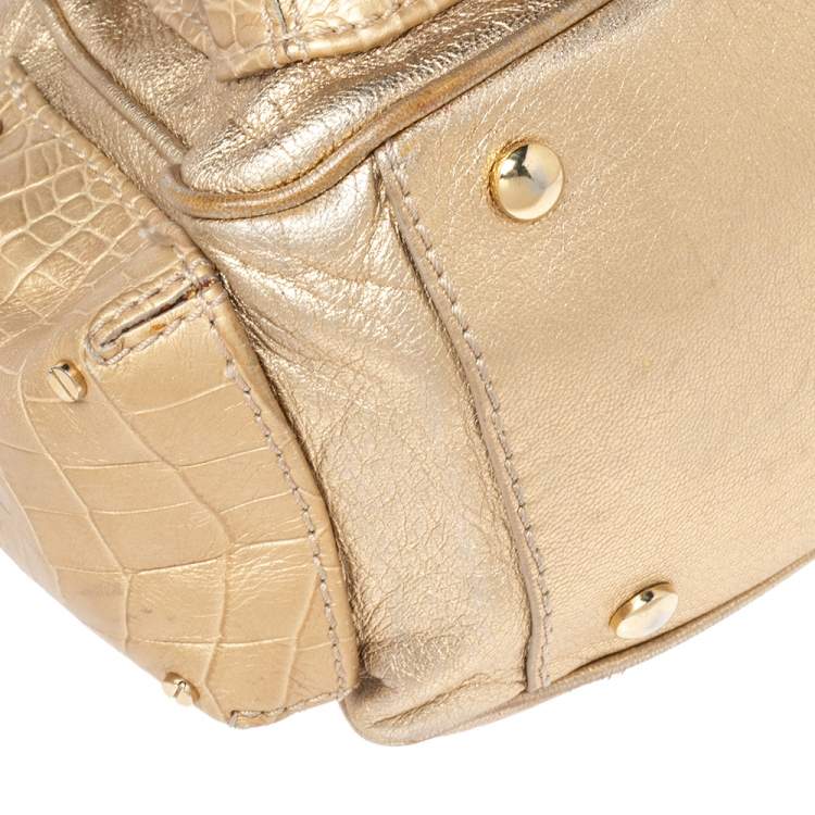 Pre Owned Versace Gold Croc Embossed Leather and Leather Chain Link Satchel